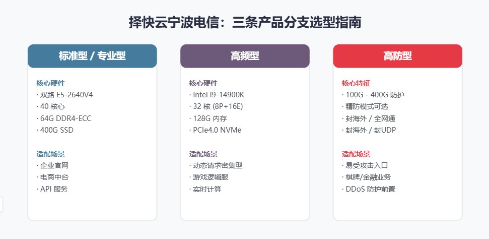 择快云宁波电信云服务器配置对比图,展示标准型、高频型与高防型三条产品分支的硬件参数与适配场景 择快云宁波电信云服务器配置对比图,展示标准型、高频型与高防型三条产品分支的硬件参数与适配场景