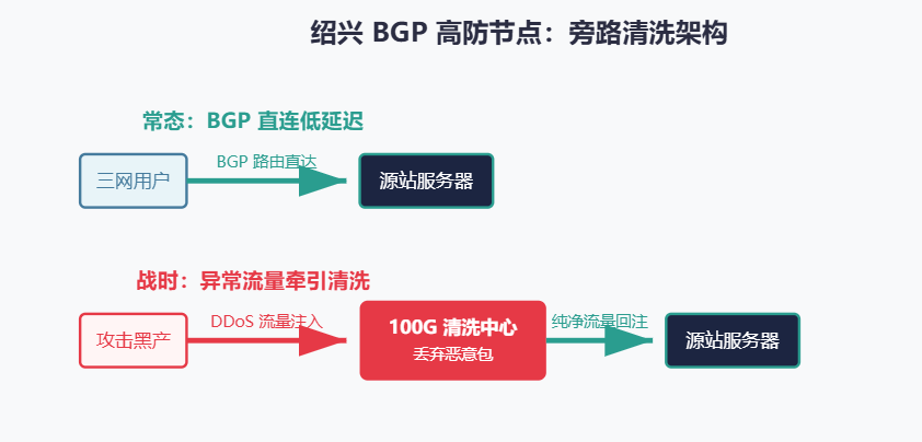 择快云浙江绍兴100G高防云服务器架构图：结合BGP多线网络与旁路100G流量清洗中心